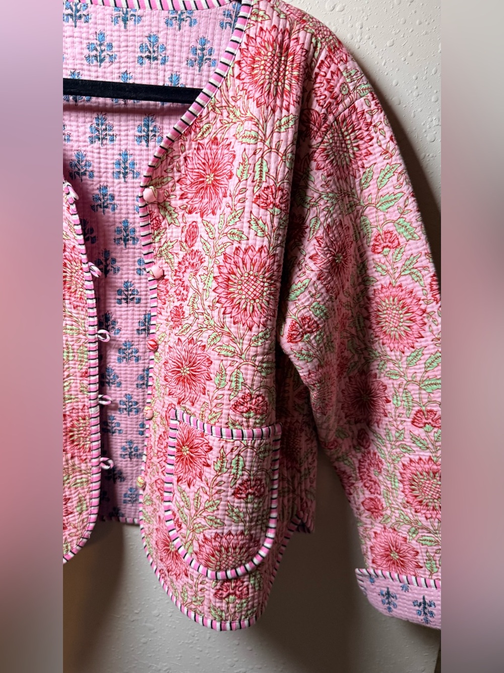 Reversible Quilted Floral Jacket Pink Block Print Cotton Cottagecore croquette - Picture 5 of 14